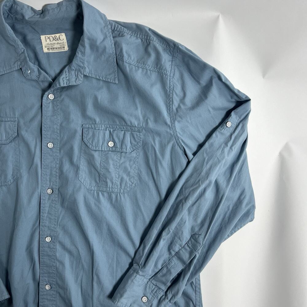 PD&C Men's Blue Solid Woven Cotton Button-Up Shirt Long Sleeve XL - Picture 3 of 9